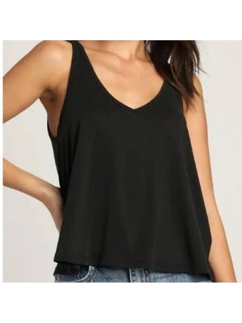 Free People Dani Black V-Neck ribbed flowy basic Swing Tank size small